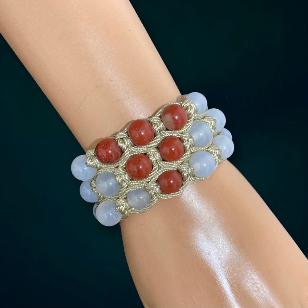 Red Jasper and Chalcedony Stones Macrame Cuff Bracelet- Handmade